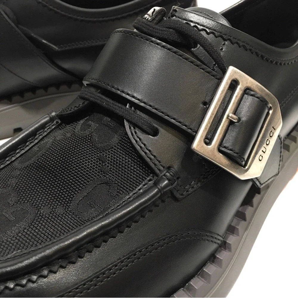 GUCCI LACE-UP BUCKLE LEATHER LOAFERS -BLACK / ORANGE -MEN US 10.5 -NEW - Picture 7 of 9